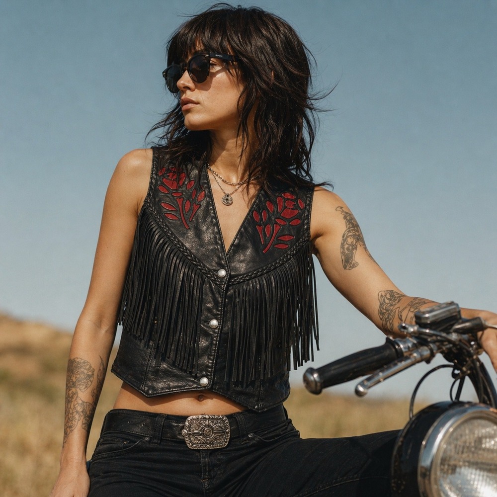 Interstate Leather Black Leather Fringe Vest‎ with Red Roses Sz XXL